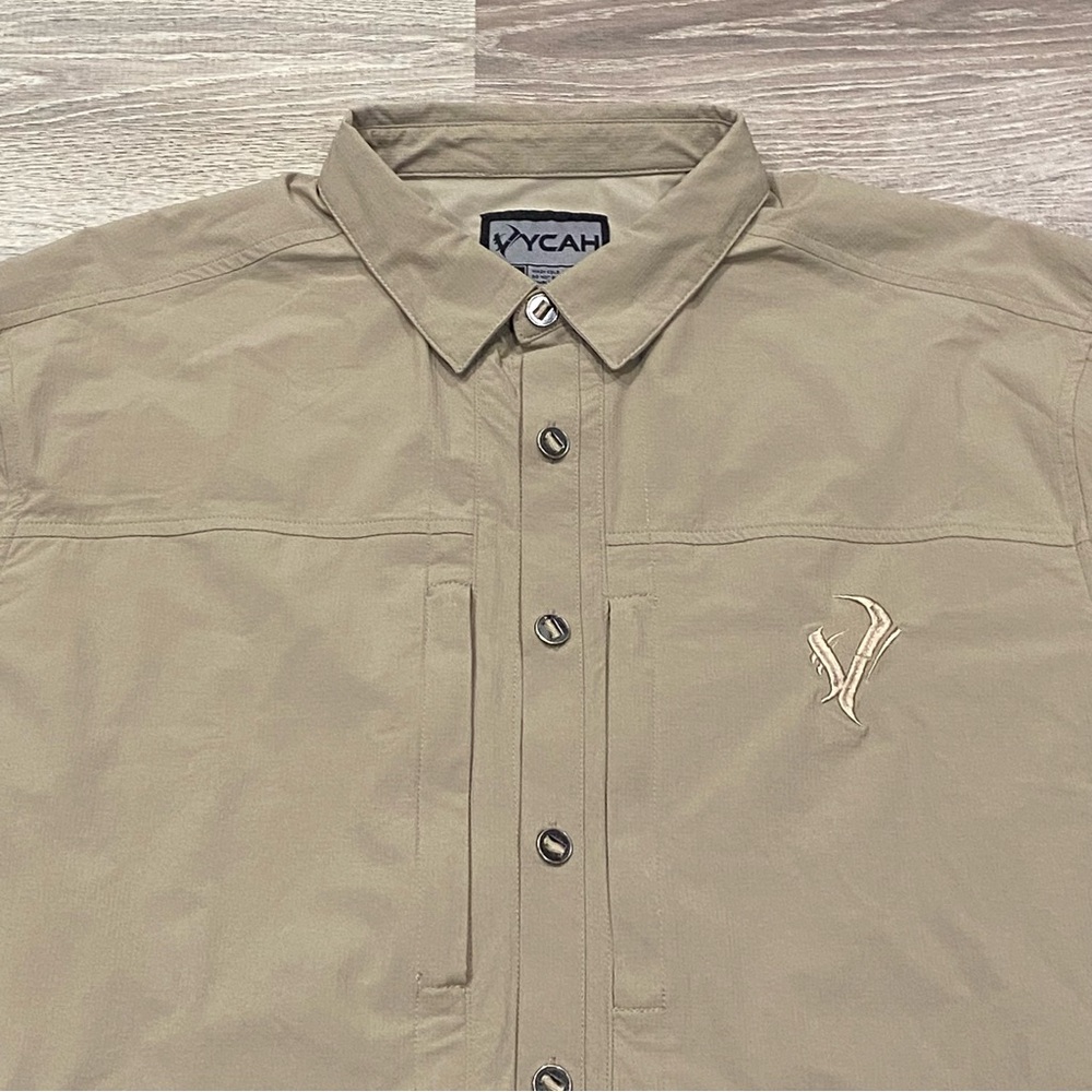 Vycah Men's XL Trophy Tee Hunting Shirt Khaki Nylon Spandex Vented - Picture 3 of 13